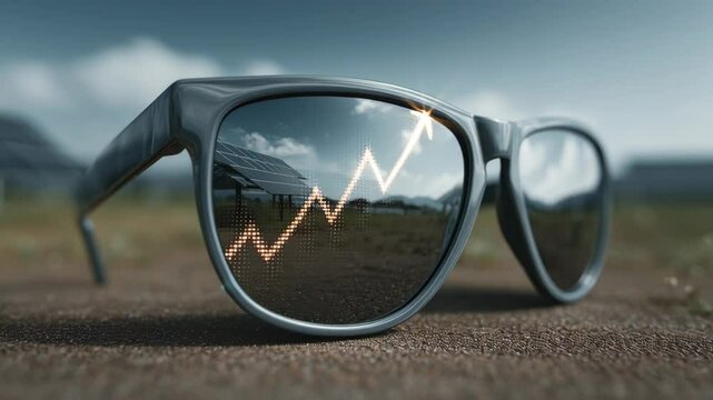 Green energy growth graph reflected in glasses and solar panel showing upward trend with green sustainable power graph