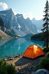 Serene mountain lake campsite, tent pitched near clear water, green, pine