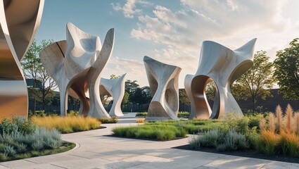 Abstract sculptures in a park with green grass and trees under a cloudy sky at sunset light