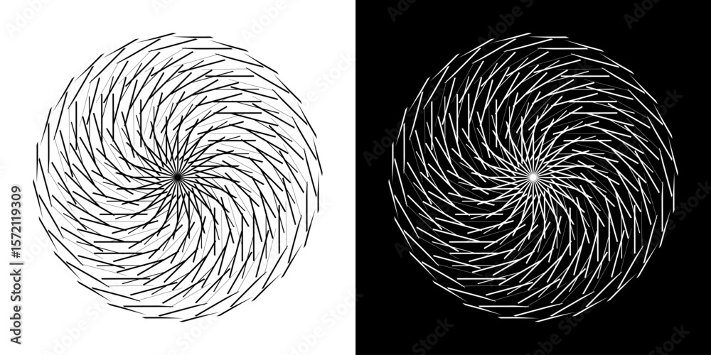 Aufkleber Abstract background with line pattern forming circle. Spiral art design as logo or icon. Black lines on white background and same white lines on black side. Mandala with line pattern.
