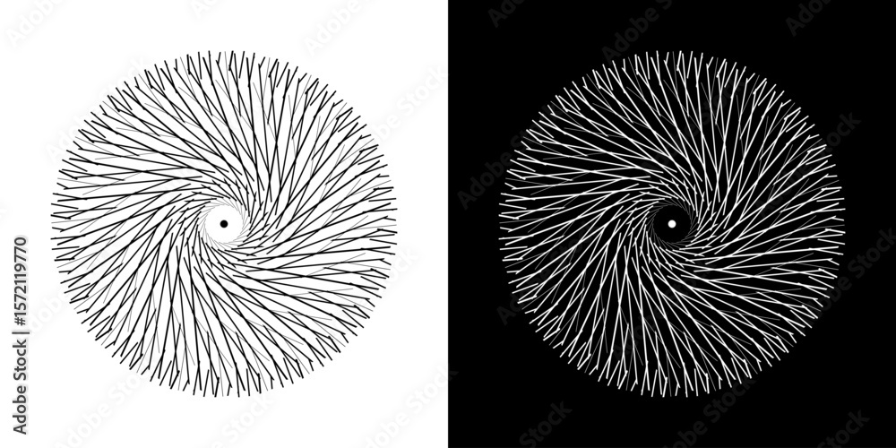 Aufkleber Abstract background with line pattern forming circle. Spiral art design as logo or icon. Black lines on white background and same white lines on black side. Mandala with line pattern.