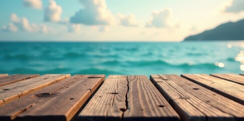 Fototapeta premium Weathered wood surface against vibrant blurry sea and sky, beach, view