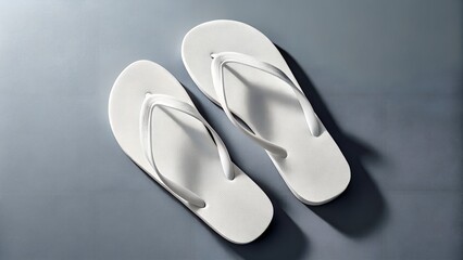 A pair of white flipflops are displayed on a neutral background