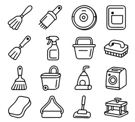 Cleaning supplies icons set: broom, brush, vacuum cleaner, spray bottle, bucket, sponge, dustpan.