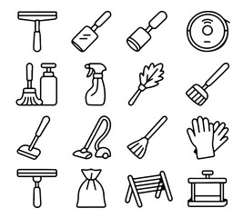 An illustration showcasing a series of cleaning supplies and equipment, essential tools for maintaining cleanliness and order within a home or professional environment. 