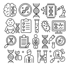Fototapeta premium A set of intricately designed line art icons illustrates diverse facets of genetic research, biotechnology, and medical advancement, signifying the complexities of scientific investigation.