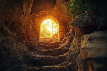 Stone steps leading to a bright archway with foliage in a dark cave like structure outdoors