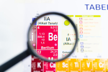Close-up of Beryllium (Be) element appears enlarged under a magnifying glass with detailed atomic...