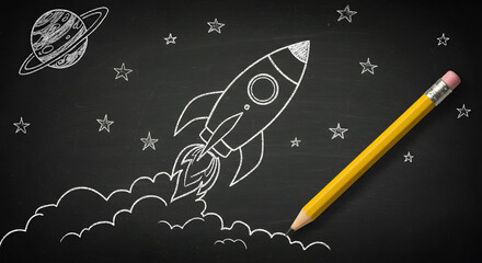 Chalk Drawings of Rocket and Space Scene on Blackboard with Yellow Pencil