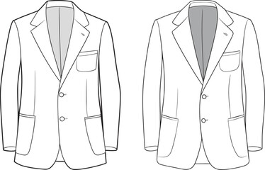 Men's blazer flat sketch, fashion technical drawing, tailored formal coat design, vector template front view for clothing production, editable outline