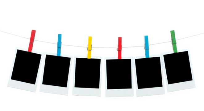 A row of six Polaroid frames clipped to a rope with clothespins, perfect for nostalgic or memory-themed designs. Isolated on white or transparent background. PNG format.