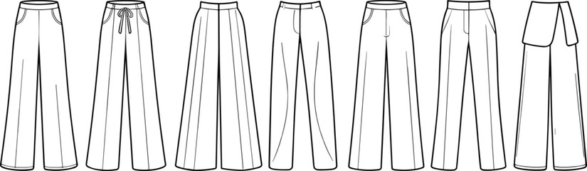 Set of women’s wide leg pants flat sketches, technical fashion drawing, different styles front view, vector illustration, clothing design template
