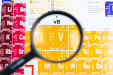 Close-up of Vanadium (V) element appears enlarged under a magnifying glass with detailed atomic...