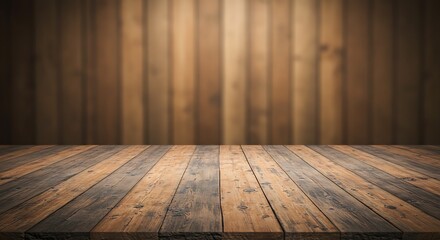 Empty rustic wood table with blurred wooden background. Perspective view of timber desk