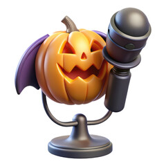 3D render halloween pumpkin with bat wings holding a microphone on a stand isolated on transparent background