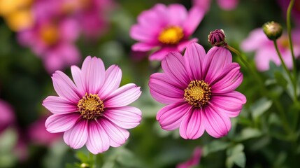 Obraz premium Close up of pink cosmos flowers with yellow centers in a garden on a sunny day in the summer season