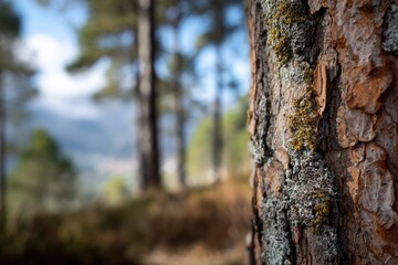 Obraz premium Close-up of pine tree bark with lichen. Forest background