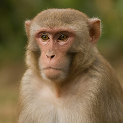 Close-up photograph of a Rhesus macaque monkey with sharp focus on its expressive face and golden-brown eyes.