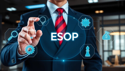 ESOP. ESOP Employee Stock Ownership Plan Concept. ESOP employee benefit plan that gives workers ownership interest in company