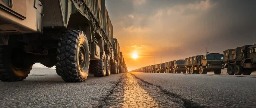 Military Vehicle Convoy on Desert Road at Sunset, Powerful Imagery of Strength and Mobility