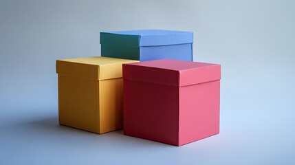 A still life of three colorful boxes stacked on top of each other against a neutral background