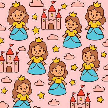 Seamless Princess Pattern with Castles, Stars, and Cartoon Girls on Pink Background