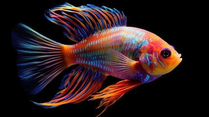 Fototapeta premium Close up shot of a colorful ram cichlid fish swimming in a dark water aquarium with vibrant colors