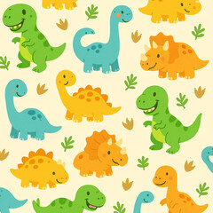 Naklejka premium Seamless Dinosaur Pattern with Cute Cartoon T-Rex, Triceratops, and Sauropods