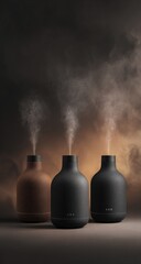 Three dark-toned, rounded, ceramic diffusers emit warm vapor