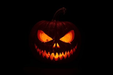 Fototapeta premium Spooky Glowing Jack-o'-Lantern with Sharp Teeth on Black Background – Halloween Horror Pumpkin
