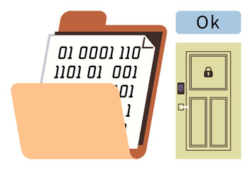 Open folder with binary code document, digital door with lock, and access notification. Ideal for cybersecurity, encryption, data protection, privacy, digital access, coding simple flat metaphor