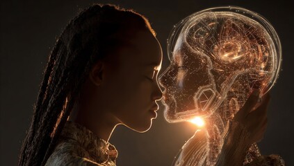 Young Woman with Dreadlocks Facing Transparent Digital Brain in Dark Background