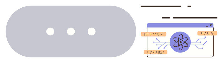Simplified interface with atomic structure, electron pathways, and measurements. Ideal for education, science, chemistry, physics, interface design, data visualization simple flat metaphor