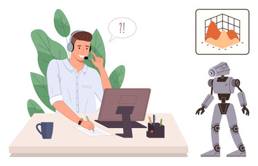 Man at desk using headset, computer, data chart, and interacting with robot. Ideal for teamwork, AI, technology, problem-solving data analysis innovation digital collaboration. Simple flat
