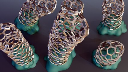 A 3D rendering showing carbon nanotubes growing from catalyst particles on a surface during Chemical Vapor Deposition (CVD), specifically the base-growth model.