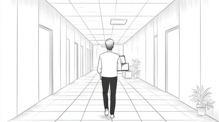 Fototapeta premium Businessman in modern office corridor, laptop and documents in hand, line art design for coloring enthusiasts