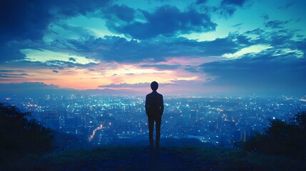 Silhouette of a young adult gazing over a city skyline at sunset.