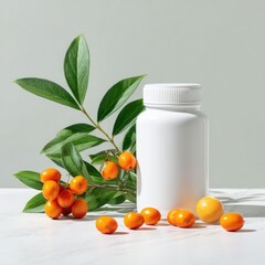 White pill bottle with orange berries and leaves on a marble surface