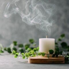 White candle, smoke, greenery, peaceful