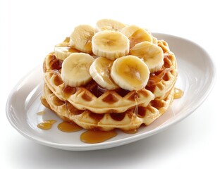 Stacked waffles topped with sliced bananas and drizzled with syrup