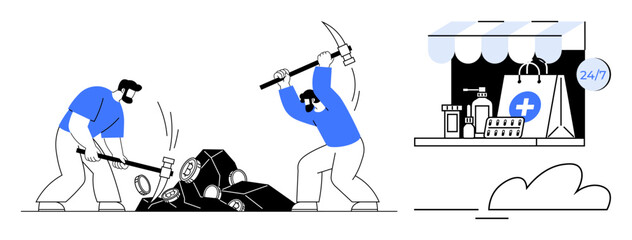 Two workers using tools to break rocks, symbolizing hard work and resource extraction, next to a 247 pharmacy shop displaying health supplies. Ideal for labor, healthcare, preparedness, industry