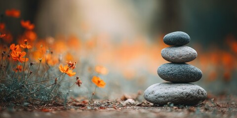 Zen stones balanced atop the earth, surrounded by orange wildflowers