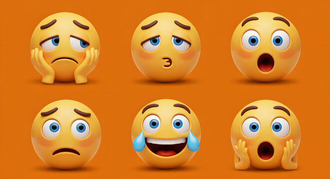 Six Emotional Emoji Faces Showing Sad Surprised Disgusted and Happy Expressions on Bright Orange Background