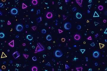 Colorful Neon Geometric Shapes on Black Background Vibrant Futuristic Pattern