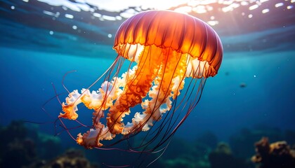 Stunning orange jellyfish in deep blue ocean