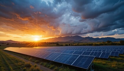 Solar Energy Farm at Sunset: A Clean Energy Landscape