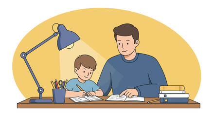 Father patiently assists his son with homework under a desk lamp.