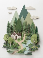 Papercraft mountain scene with cozy cottage