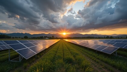 Sunset over Solar Panels in the Countryside