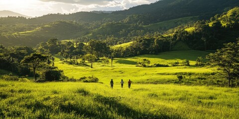 Three people are walking in a field